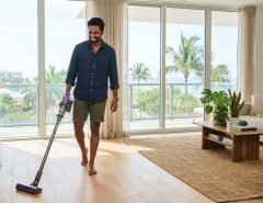 Man testing a cordless vacuum on hardwood floors in a sunlit Florida living room.