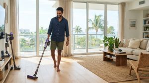 Man testing a cordless vacuum on hardwood floors in a sunlit Florida living room.