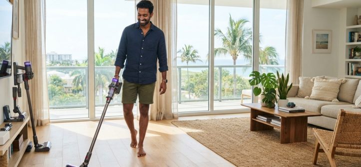 Man testing a cordless vacuum on hardwood floors in a sunlit Florida living room.