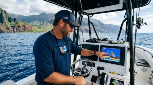 Angler viewing a fish finder screen on a boat in Hawaii.