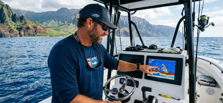 Angler viewing a fish finder screen on a boat in Hawaii.