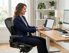 Person sitting comfortably in an office chair using a lumbar support pillow.
