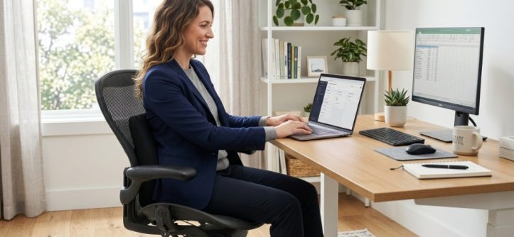 Person sitting comfortably in an office chair using a lumbar support pillow.