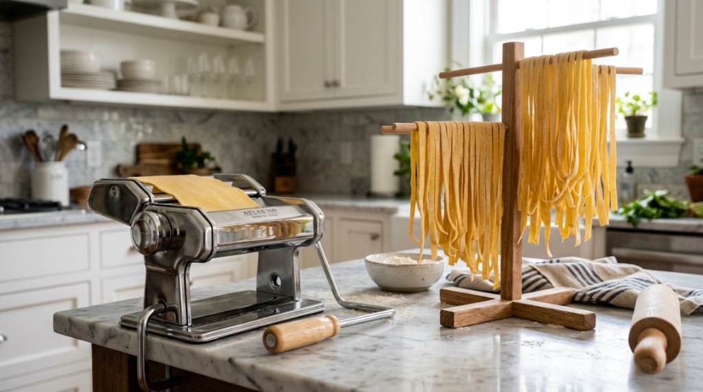 Hands feeding fresh pasta dough through Marcato machine rollers.