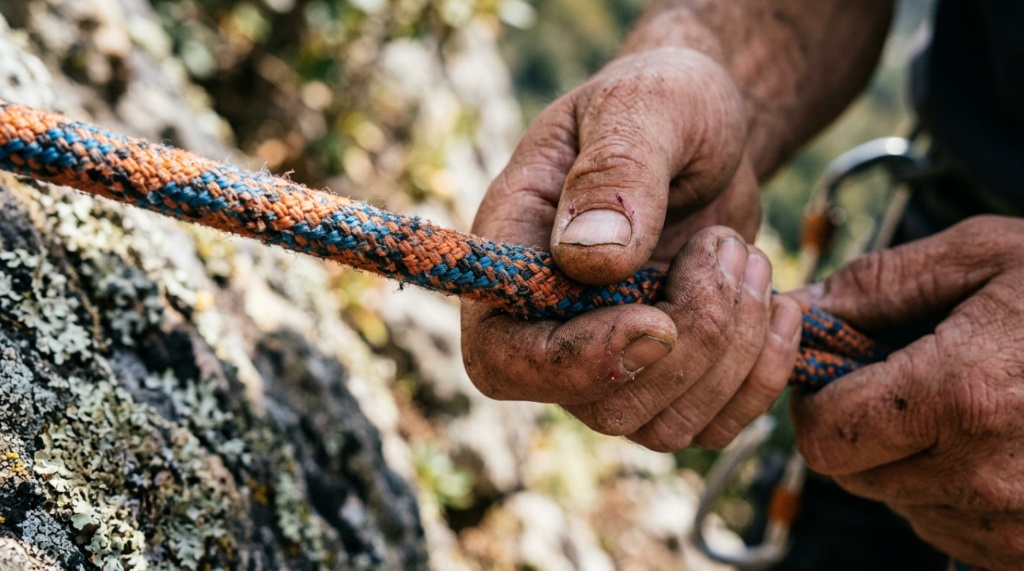 Close-up of durable triple-strand climbing rope texture.