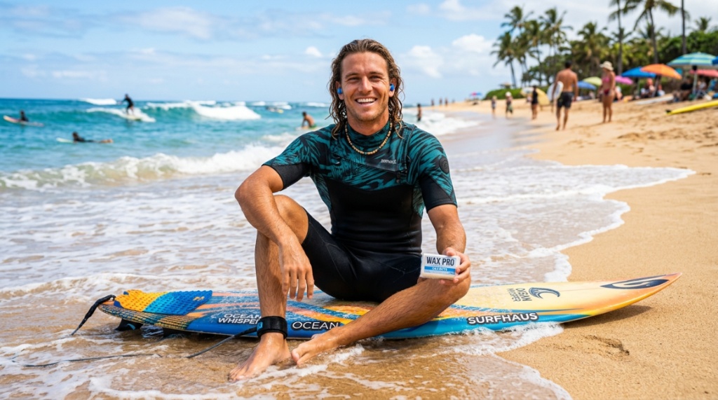 Surfer adjusting secure silicone surf ear plug before heading into ocean waves.