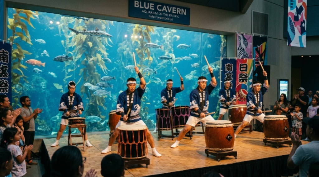 Taiko drummers performing on stage at the Aquarium of the Pacific cultural festival beside the Blue Cavern