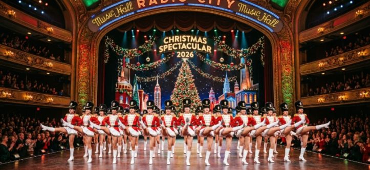 Rockettes performing on stage during the 2026 holiday show at Radio City Music Hall