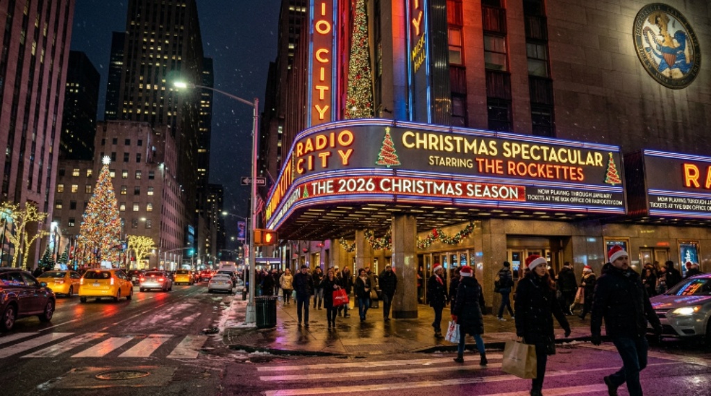 Radio City Music Hall marquee lit up for the 2026 Christmas season in New York City