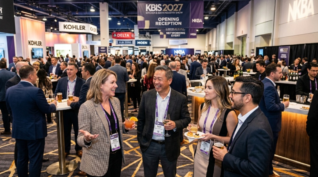 Visitors networking at the Kitchen and Bath Industry Show 2027 during a professional reception event