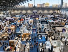 Aerial view of the KBIS exhibition floor filled with kitchen and bath product displays at the Las Vegas Convention Center