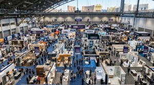 Aerial view of the KBIS exhibition floor filled with kitchen and bath product displays at the Las Vegas Convention Center