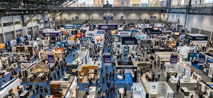 Aerial view of the KBIS exhibition floor filled with kitchen and bath product displays at the Las Vegas Convention Center