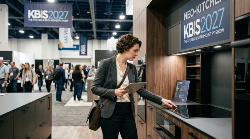 Designer reviewing new kitchen appliances and cabinetry at the KBIS 2027 trade show in Las Vegas