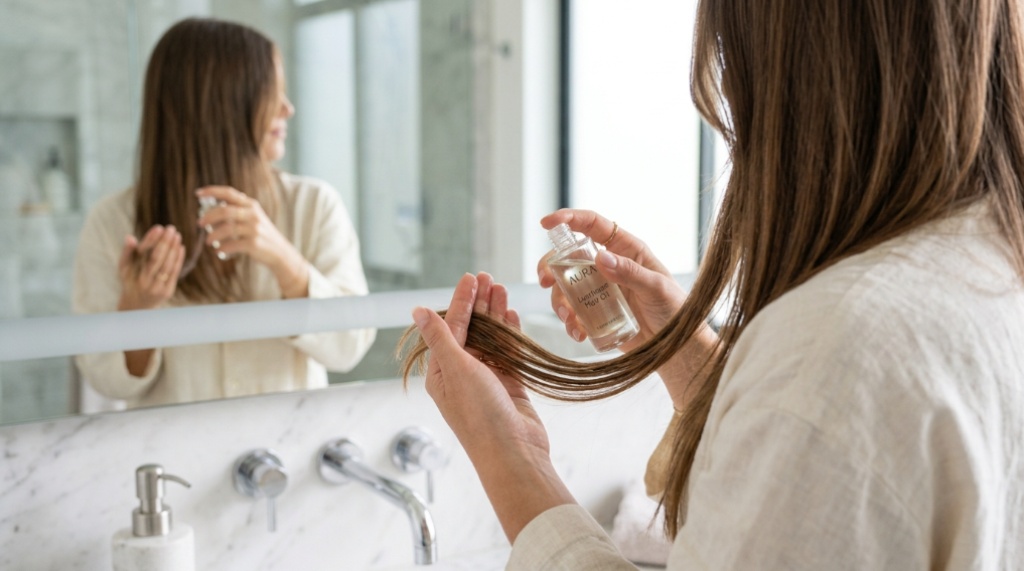 Hands applying lightweight anti-frizz hair serum to smooth strands.