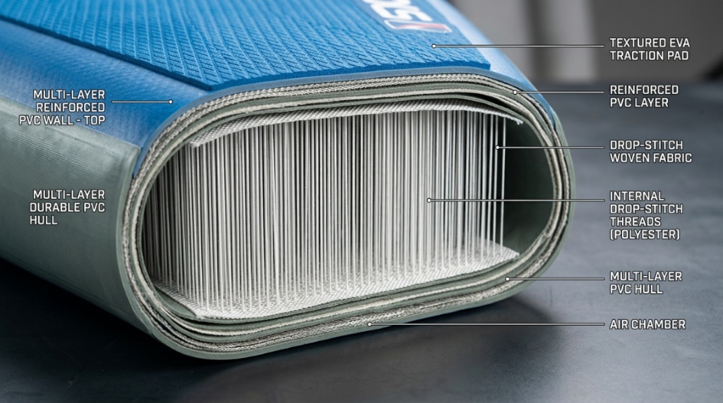 Cross-section view showing durable drop-stitch layers of an inflatable paddle board.