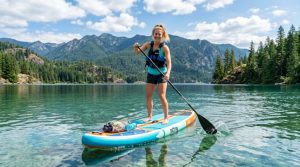 Person standing and paddling on an inflatable paddle board on a calm lake.