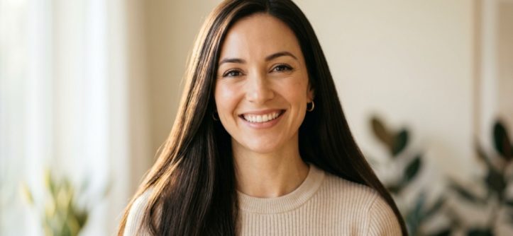 Woman smiling with sleek, smooth, and frizz-free hair in daylight.