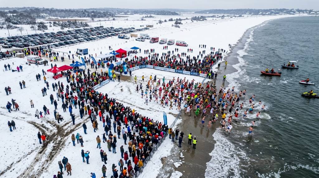 Smiling participants in colorful costumes wading into cold water at a charity polar bear plunge on January 1