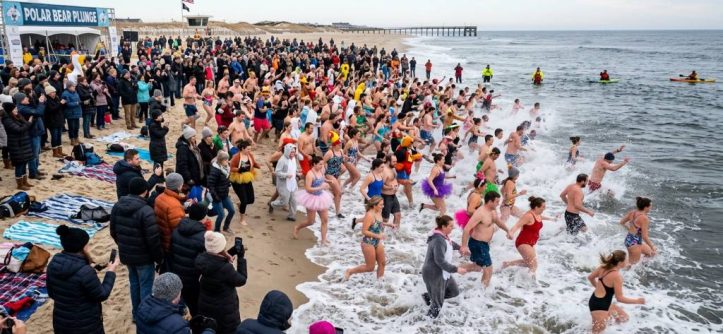 Crowds rushing into ocean waves during a New Year's Day polar bear plunge event in the United States