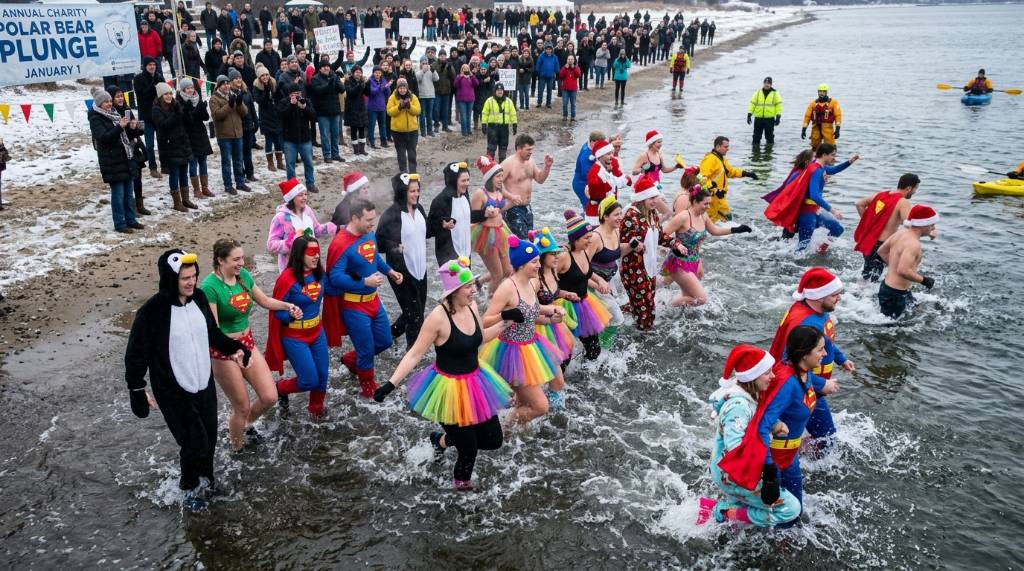 Smiling participants in colorful costumes wading into cold water at a charity polar bear plunge on January 1