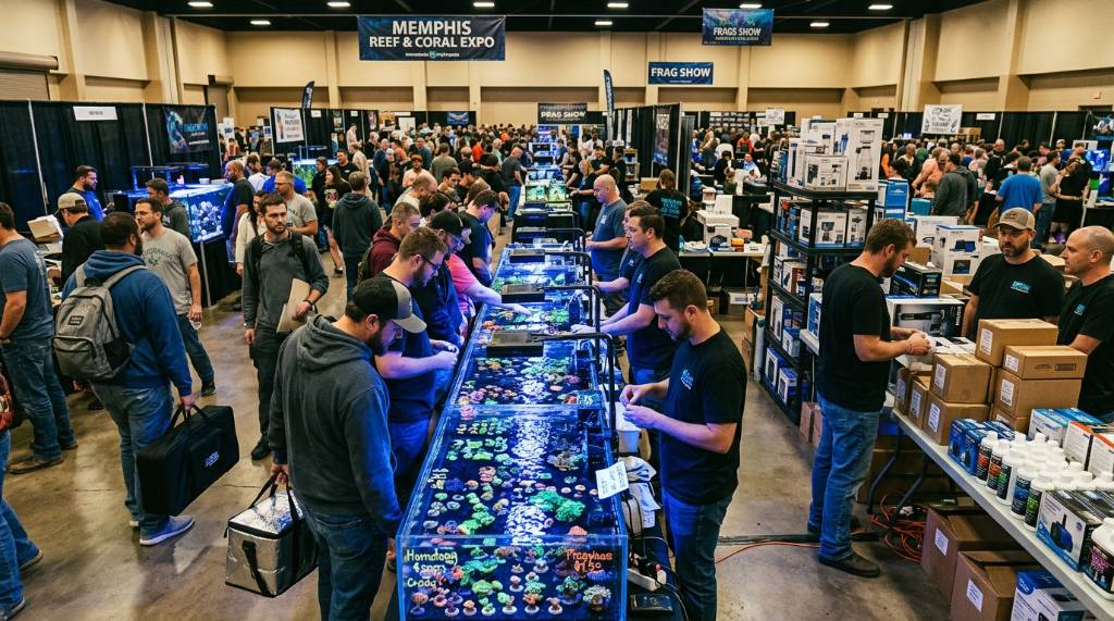 Reef hobbyists browsing coral frags and aquarium equipment at the Memphis expo event hall