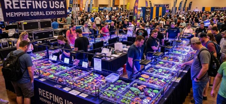 Colorful SPS and LPS corals displayed on vendor tables at Reefing USA Memphis Coral Expo 2026