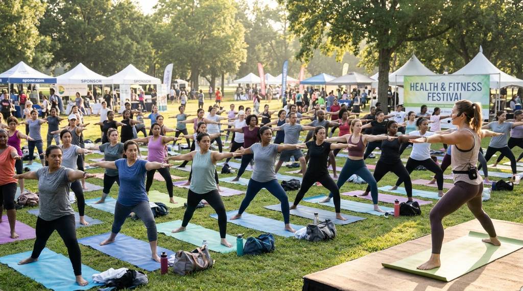 Group of adults enjoying a morning yoga class at a health and fitness event