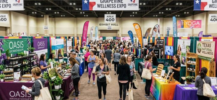 Visitors walking through a busy wellness expo with colorful vendor booths in Grapevine, Texas