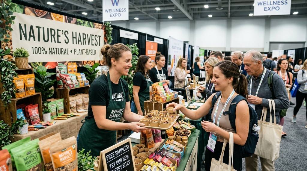 Vendor offering healthy snack samples to guests at a wellness expo booth